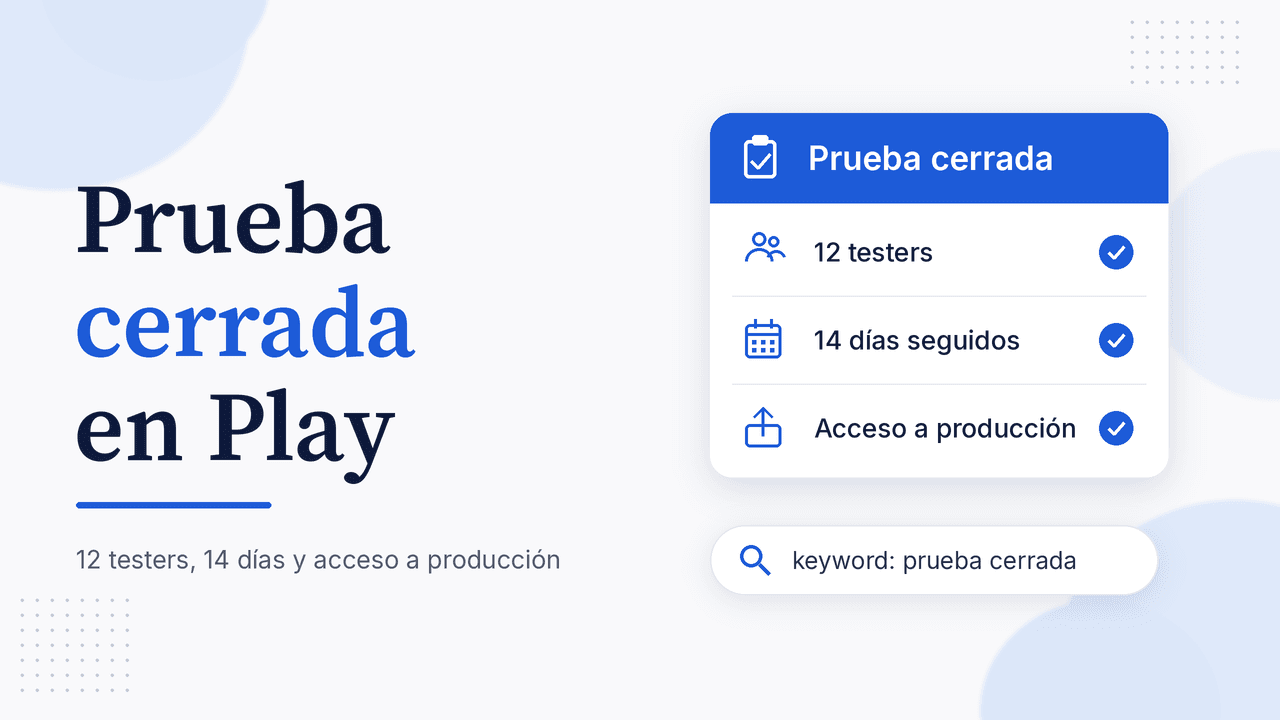 Portada del artículo Prueba cerrada en Play con tarjeta de Play Console: 12 testers, 14 días seguidos y acceso a producción