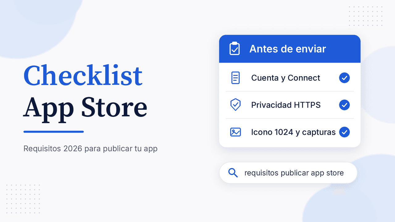 Portada del artículo Checklist App Store con tarjeta de requisitos: cuenta activa, política HTTPS e icono 1024