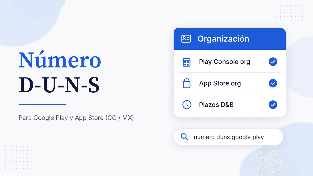 Portada del artículo Número D-U-N-S con tarjeta de organización: Play Console org, App Store org y plazos D&B