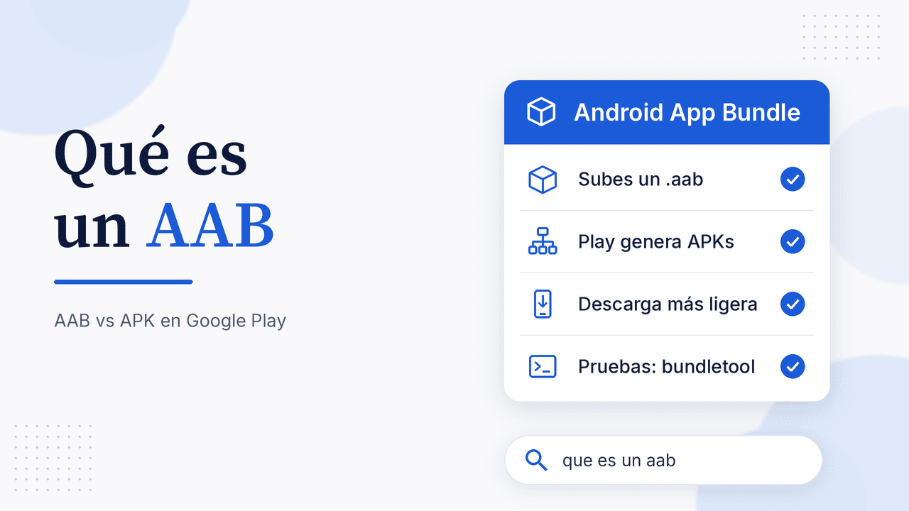 Portada del artículo Qué es un AAB con tarjeta Android App Bundle: Subes un .aab, Play genera APKs, Descarga más ligera y Pruebas: bundletool