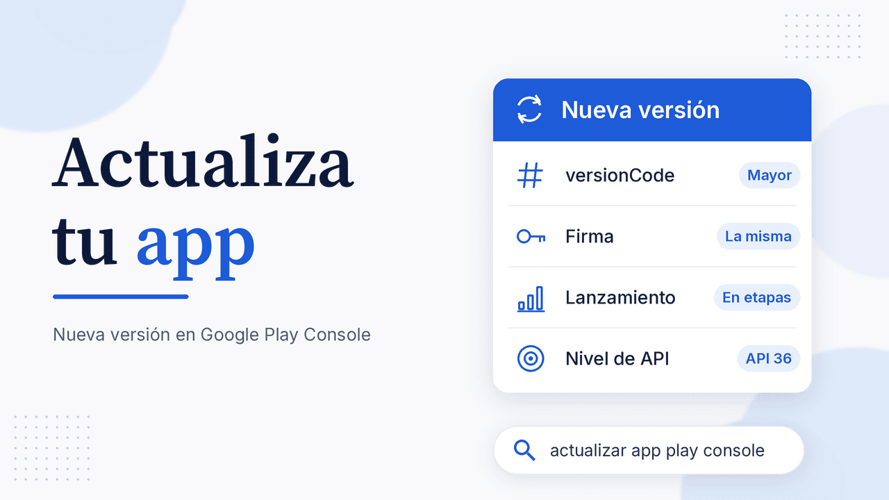 Portada: Actualiza tu app en Google Play Console, con versionCode mayor, misma firma, lanzamiento en etapas y nivel de API 36