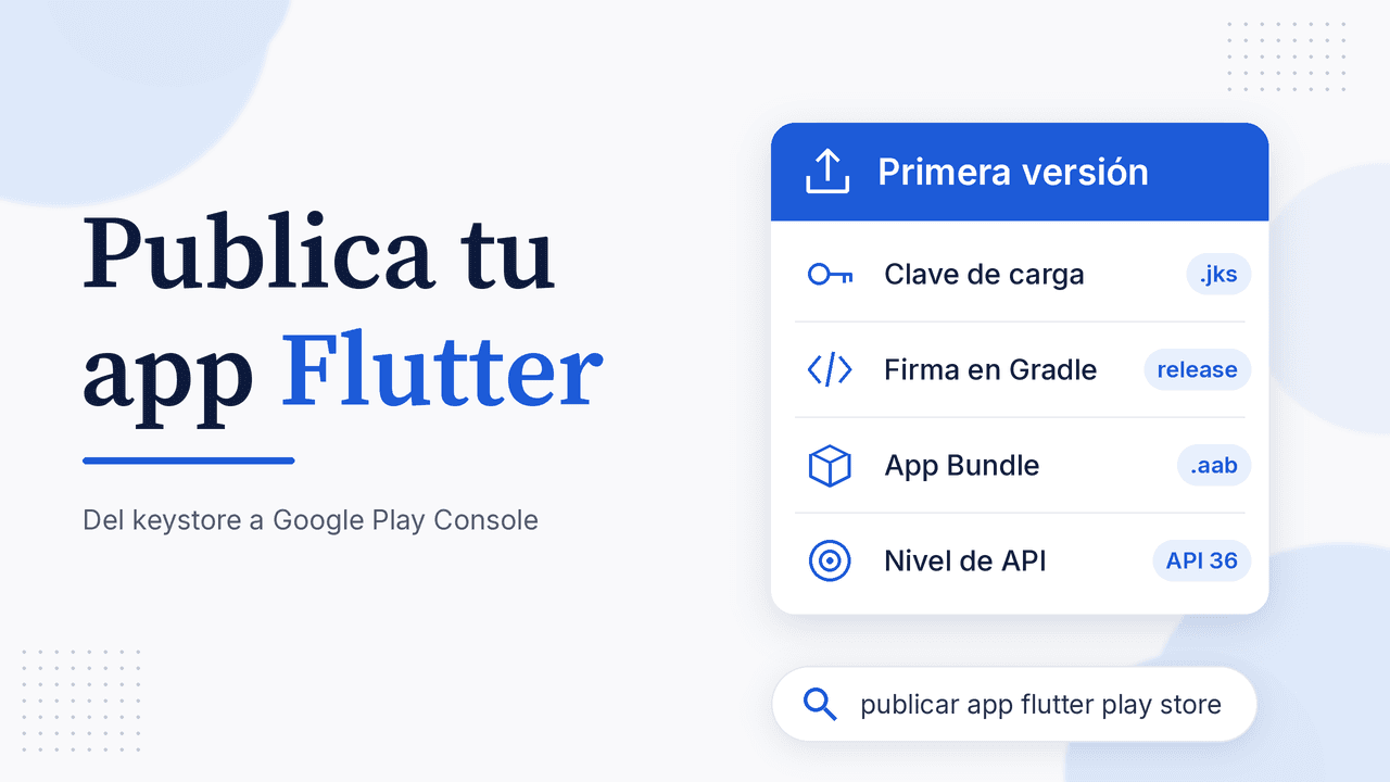 Portada: Publica tu app Flutter en Play Store, con clave de carga .jks, firma en Gradle, App Bundle .aab y nivel de API 36