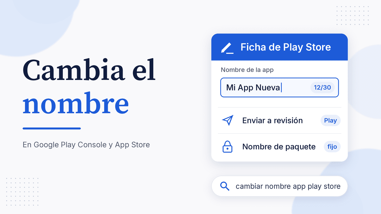 Portada: Cambia el nombre de tu app en Google Play Console y App Store, con el campo Nombre de la app y su contador 12/30, envío a revisión y nombre de paquete fijo