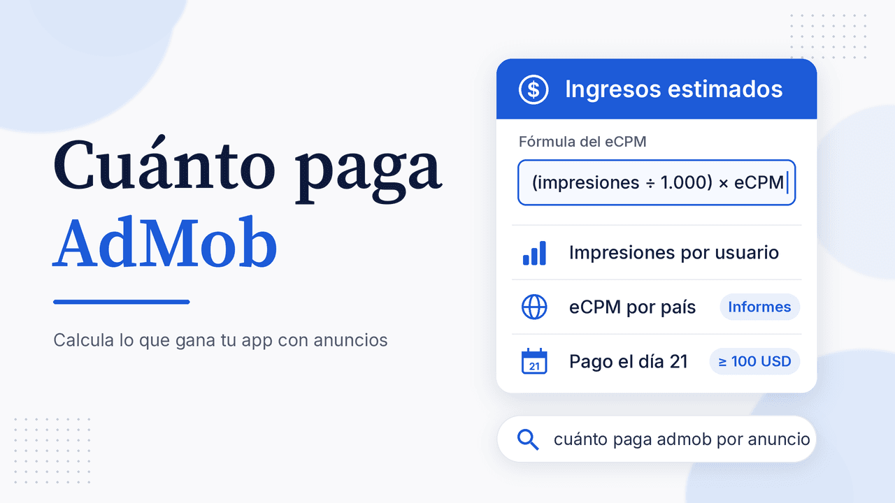 Portada: Cuánto paga AdMob, calcula lo que gana tu app con anuncios, con una tarjeta Ingresos estimados que muestra la fórmula del eCPM, las impresiones por usuario, el eCPM por país y el pago el día
