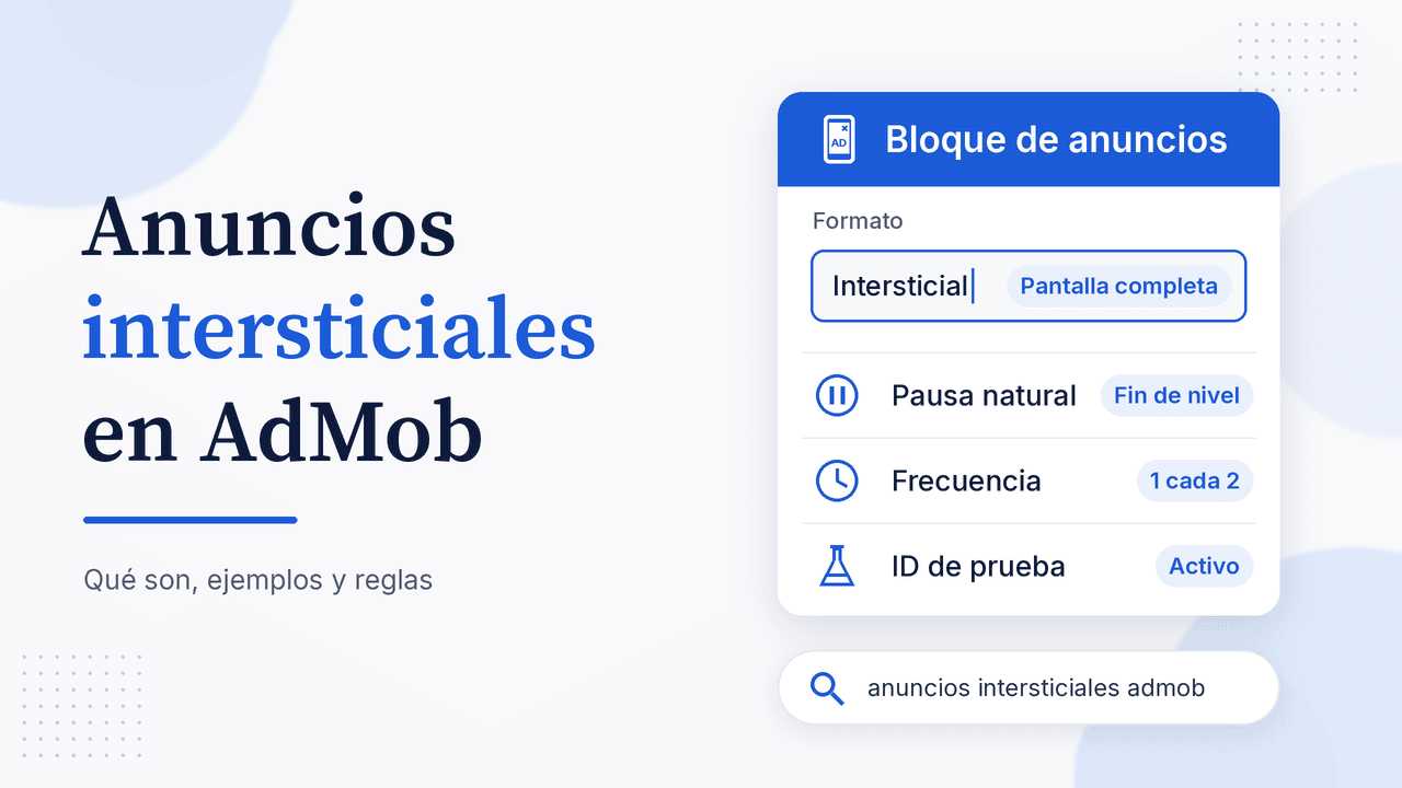 Portada: Anuncios intersticiales en AdMob, con tarjeta Bloque de anuncios que muestra formato Intersticial, frecuencia, pausa natural e ID de prueba