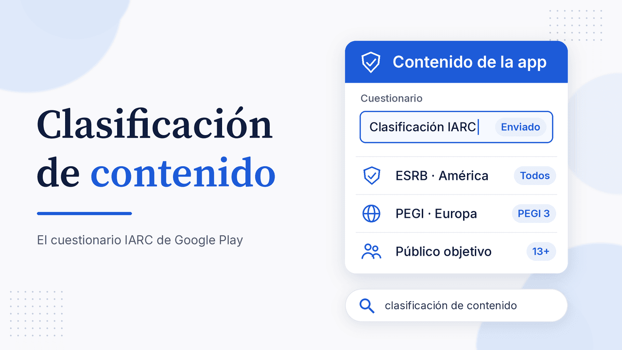 Portada: Clasificación de contenido, el cuestionario IARC de Google Play, con tarjeta Contenido de la app que muestra la clasificación IARC enviada y las filas ESRB América, PEGI Europa y Público obje