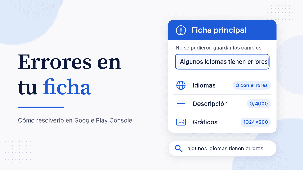 Portada: Errores en tu ficha, con tarjeta Ficha principal que muestra el aviso «No se pudieron guardar los cambios: Algunos idiomas tienen errores» y filas Idiomas con 3 errores, Descripción 0/4000 y